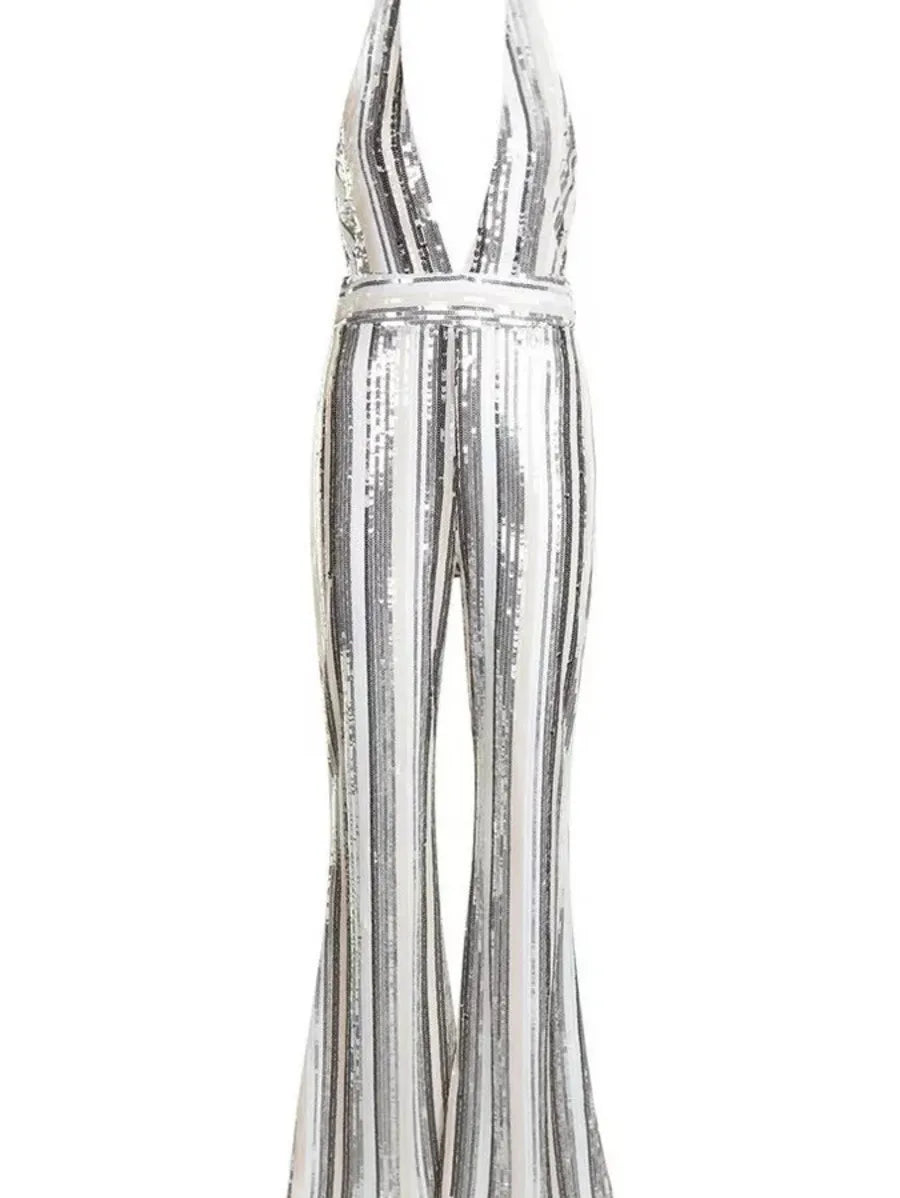 SEQUIN HALTERNECK PLUNGE FLARE JUMPSUIT Periwinkley Shop