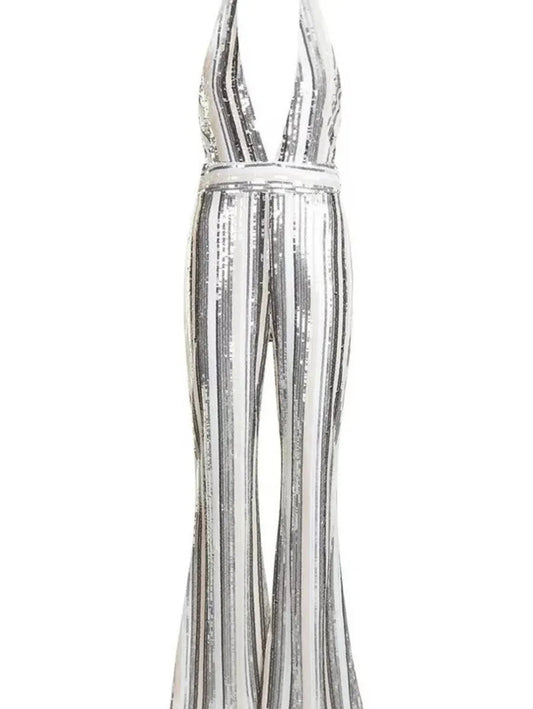 SEQUIN HALTERNECK PLUNGE FLARE JUMPSUIT Periwinkley Shop