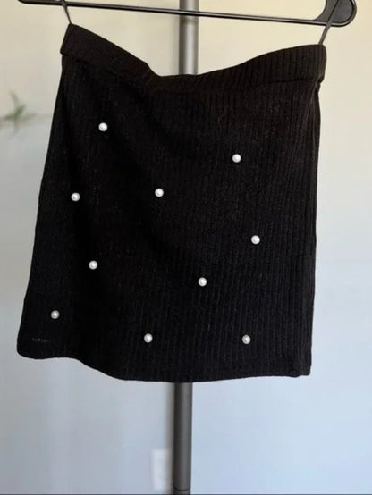 Unity Pearl Beaded Lettuce Edge Rib-knit Tee and Pencil Skirt Set Periwinkley Shop