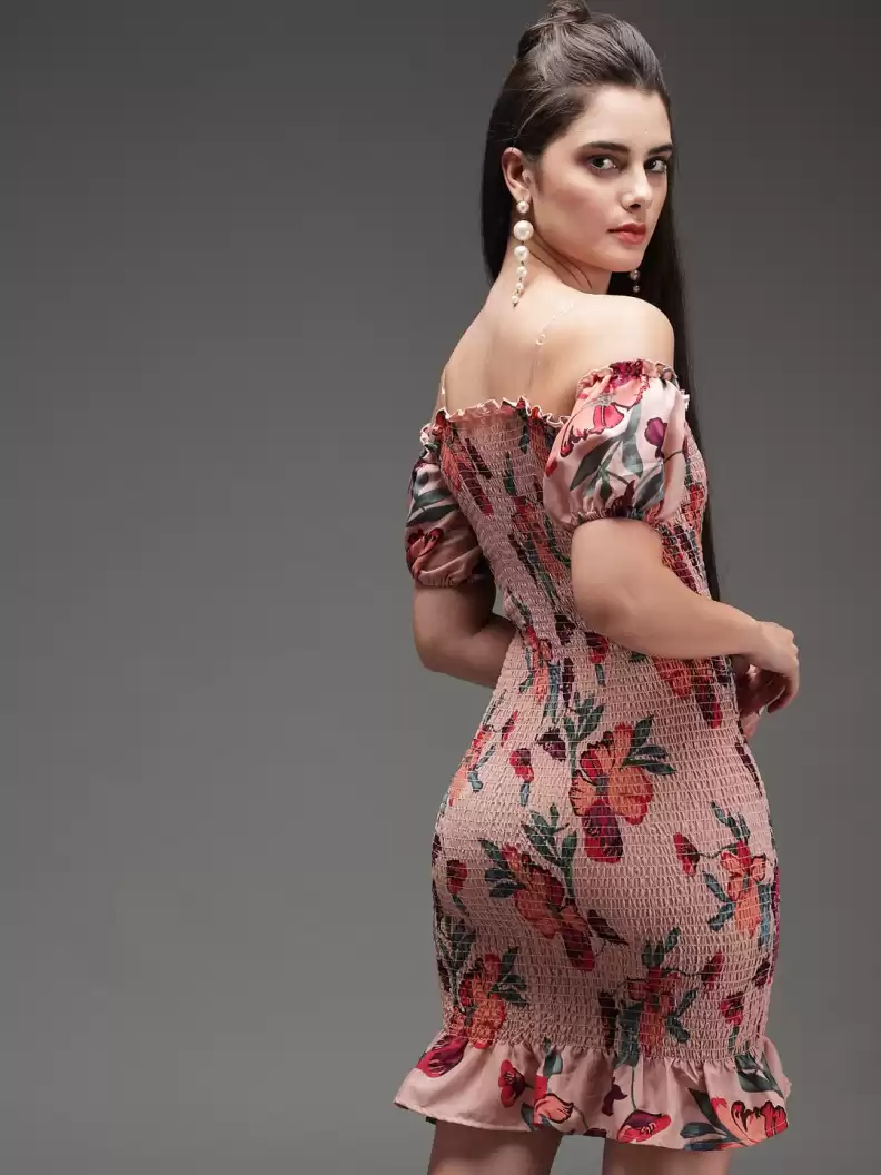 Blush Floral Off-Shoulder Smocked Mini Dress – Puff Sleeve Summer Dress