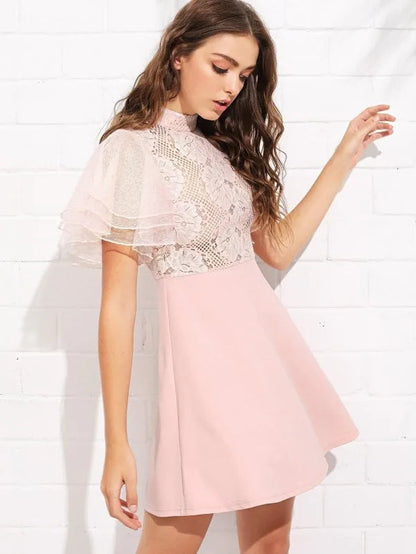 Layered Flounce Sleeve Lace Bodice Dress Periwinkley Shop