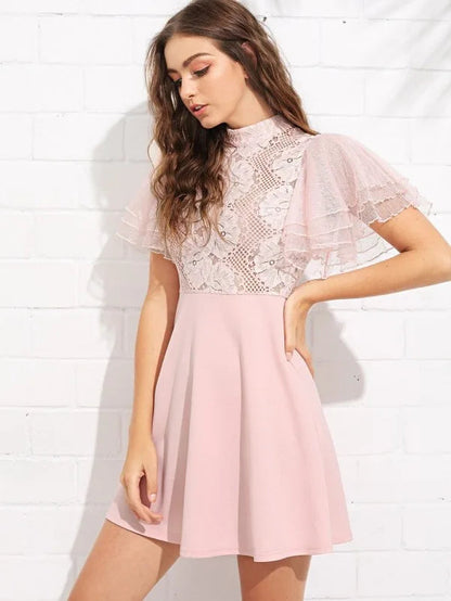 Layered Flounce Sleeve Lace Bodice Dress Periwinkley Shop