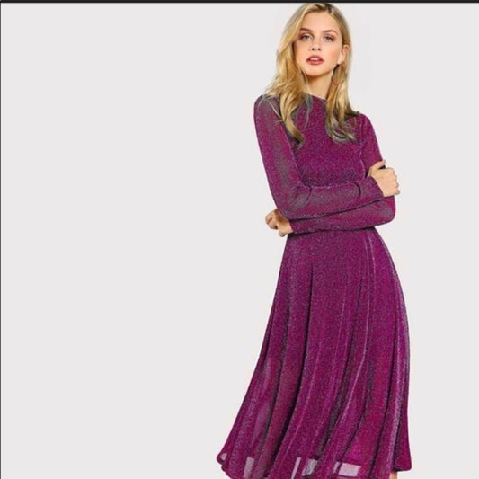 Button Keyhole Mock-neck Glitter Flowy Dress Periwinkley Shop