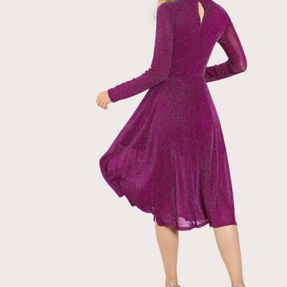 Button Keyhole Mock-neck Glitter Flowy Dress Periwinkley Shop