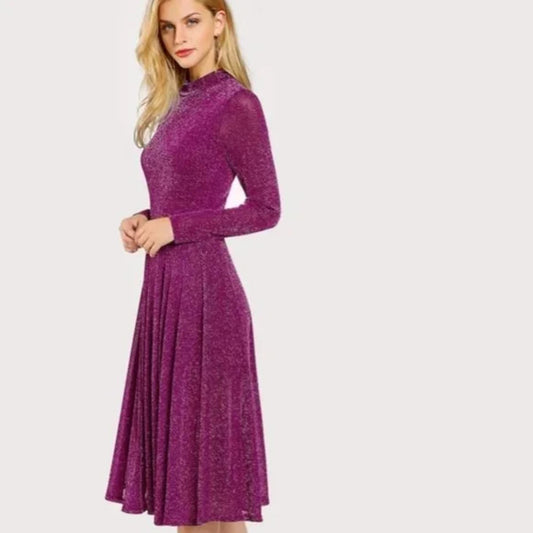Button Keyhole Mock-neck Glitter Flowy Dress Periwinkley Shop