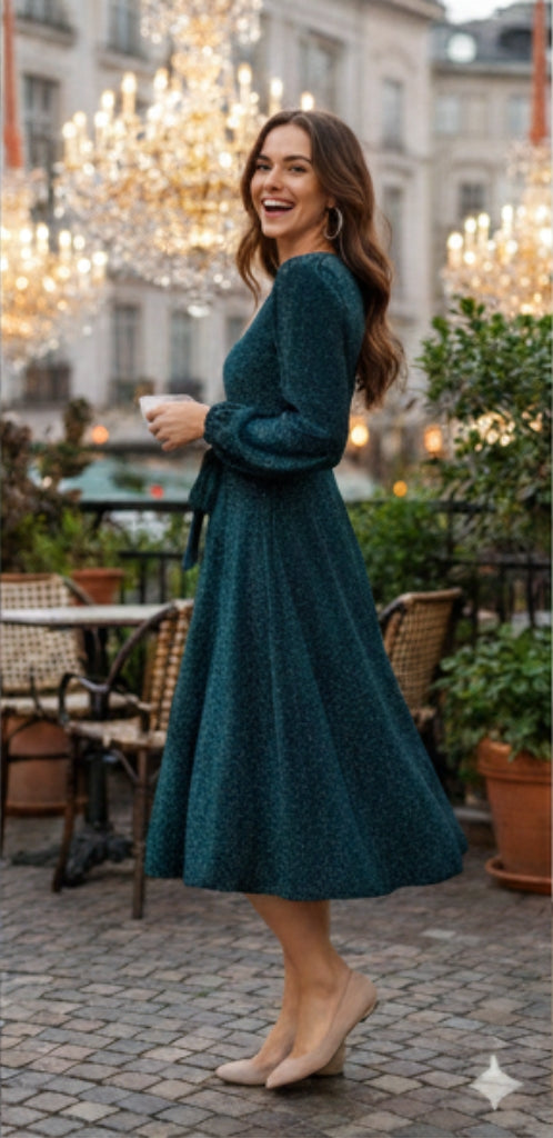 Self Belted Balloon Sleeve Glitter Dress