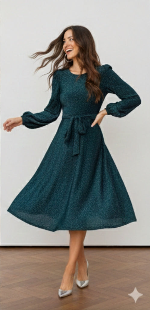 Self Belted Balloon Sleeve Glitter Dress