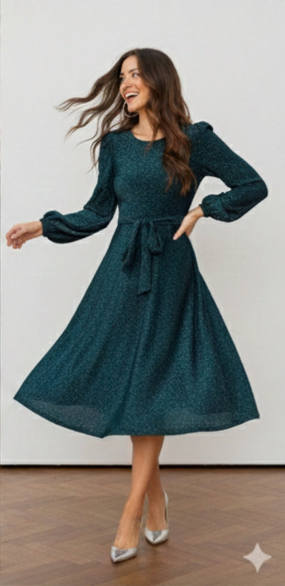 Self Belted Balloon Sleeve Glitter Dress