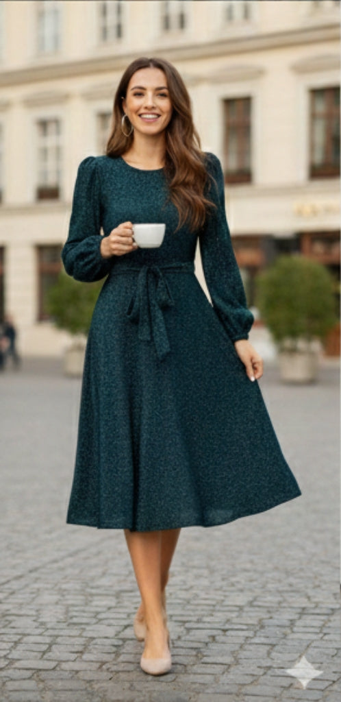 Self Belted Balloon Sleeve Glitter Dress