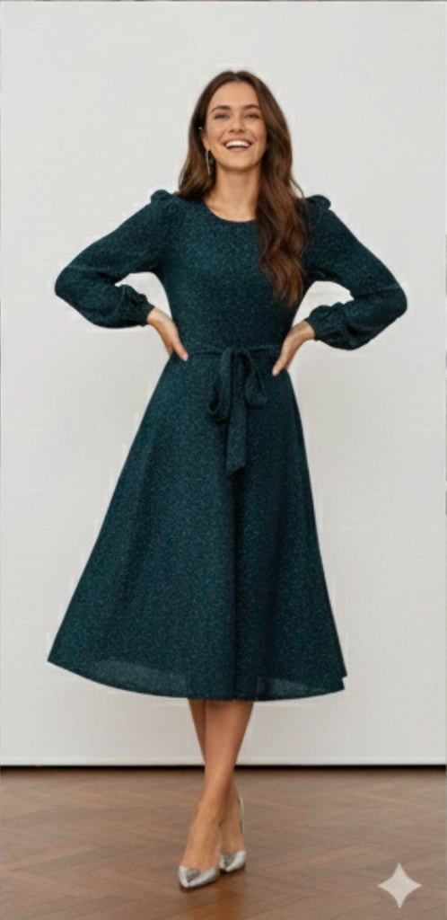 Self Belted Balloon Sleeve Glitter Dress