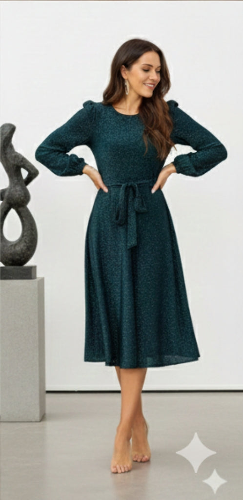 Self Belted Balloon Sleeve Glitter Dress