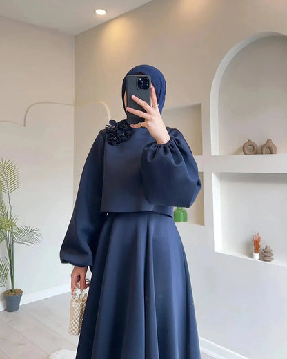 Noir Bloom Modest Co-Ord Set -Navy Blue Periwinkley Shop