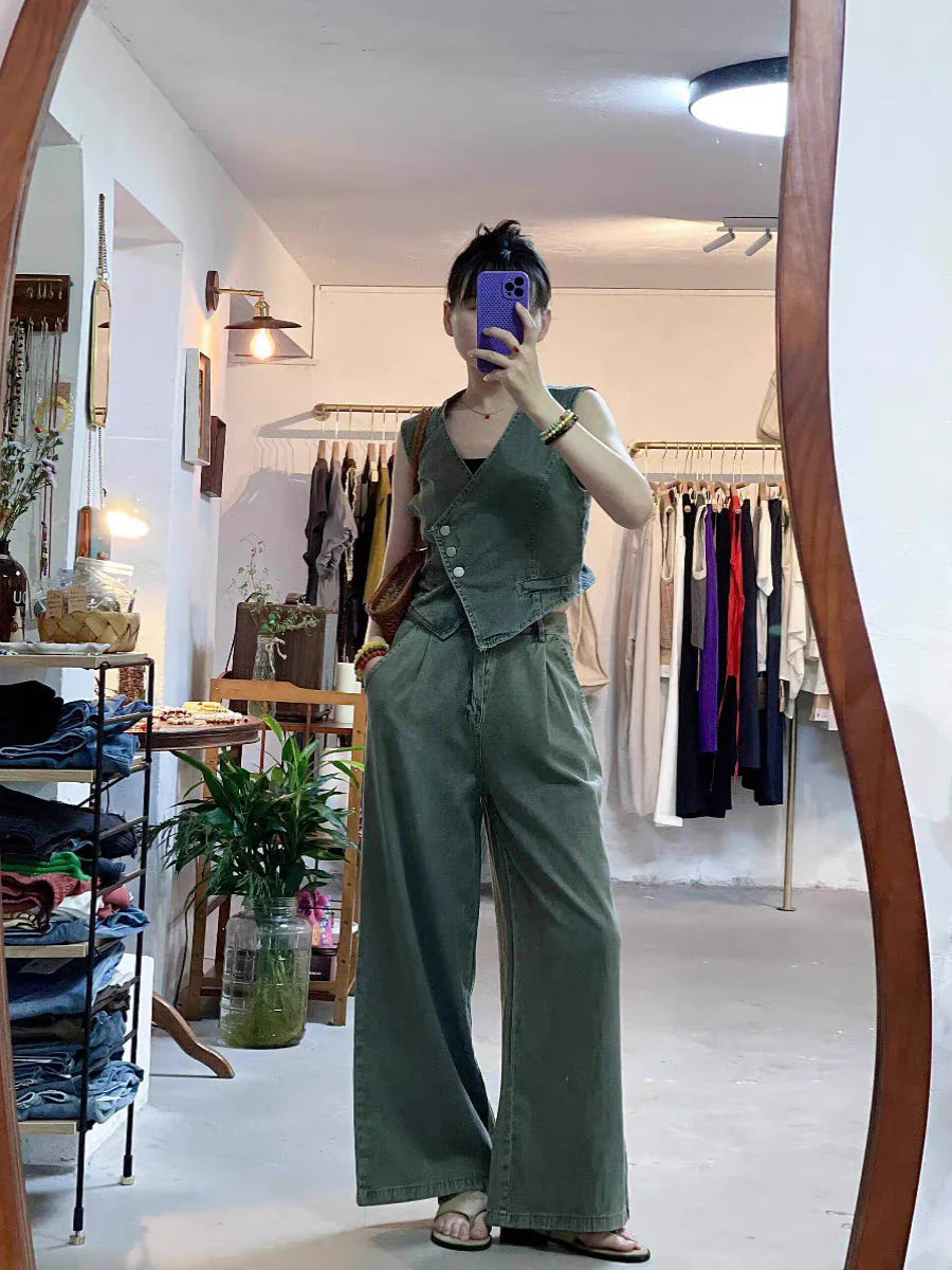 Summer Women's Denim Pants Suit Sleeveless V-neck Single Breasted Split Top Periwinkley Shop