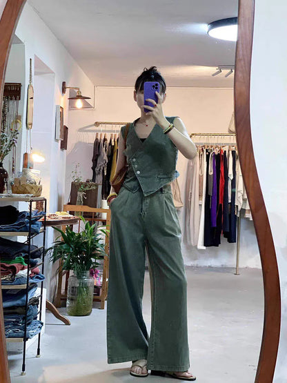 Summer Women's Denim Pants Suit Sleeveless V-neck Single Breasted Split Top Periwinkley Shop