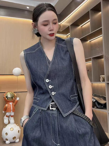 Summer Women's Denim Pants Suit Sleeveless V-neck Single Breasted Split Top Periwinkley Shop