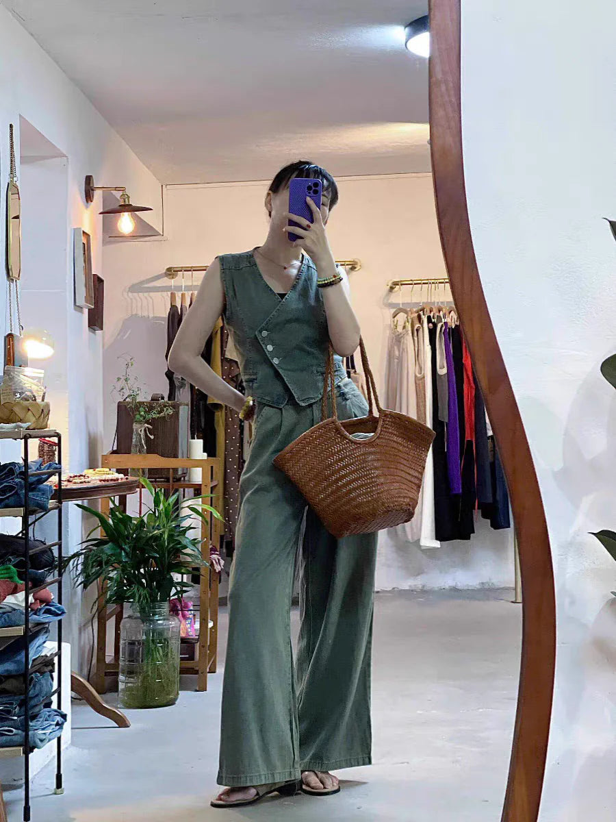 Summer Women's Denim Pants Suit Sleeveless V-neck Single Breasted Split Top Periwinkley Shop