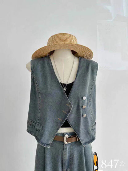 Summer Women's Denim Pants Suit Sleeveless V-neck Single Breasted Split Top Periwinkley Shop