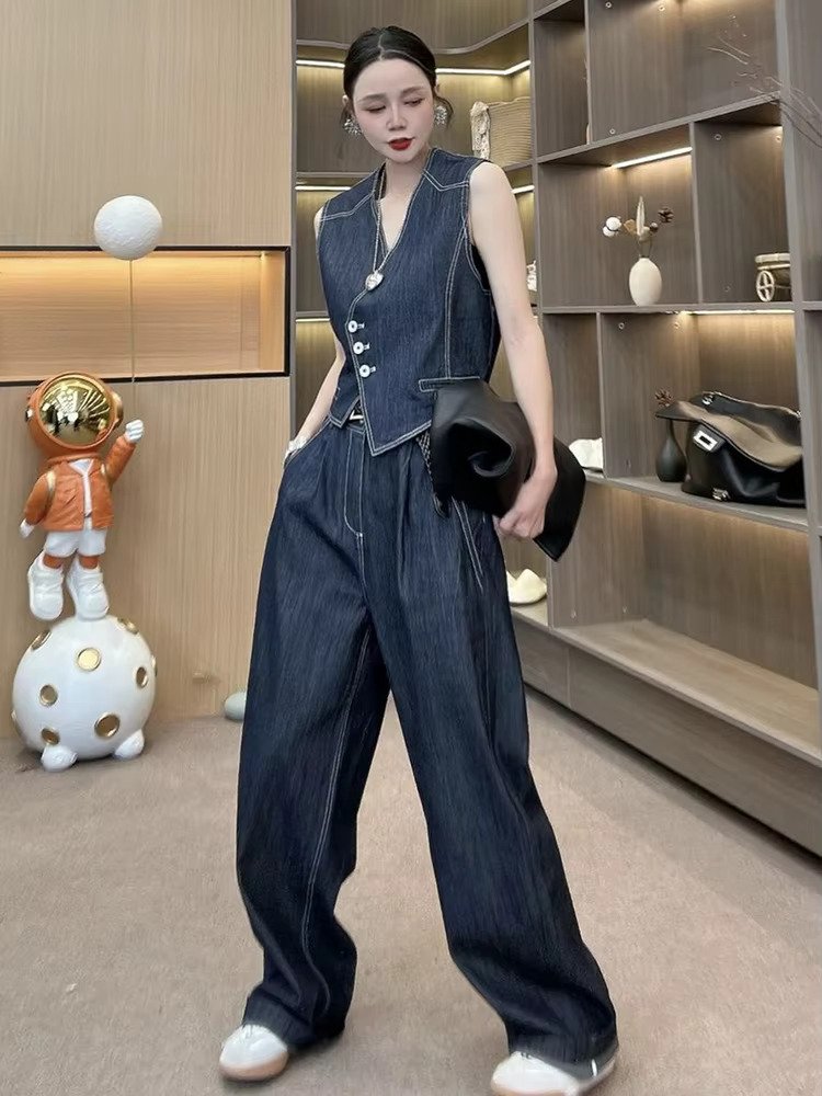 Summer Women's Denim Pants Suit Sleeveless V-neck Single Breasted Split Top Periwinkley Shop