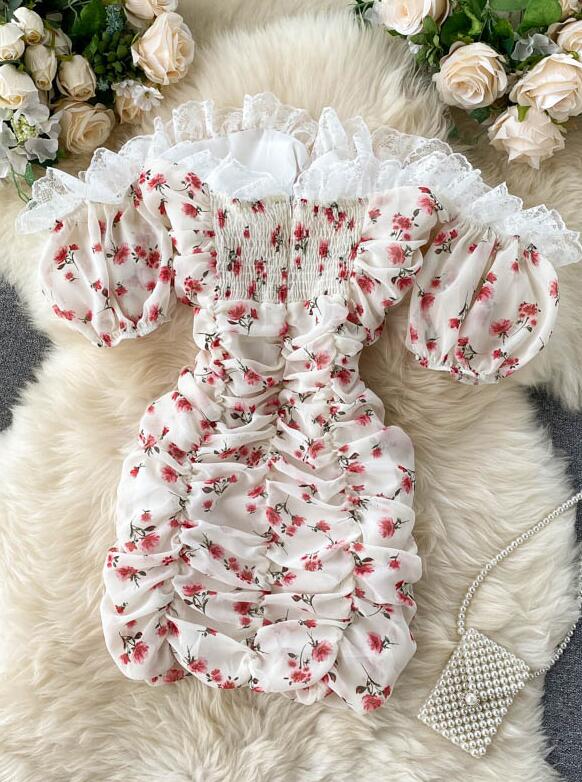 Lace Slash Neck Strapless  Puff Sleeve Flowers Short Dress