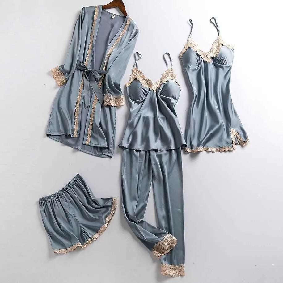 Emily Summer Pajama 5 Piece loungewear, Night suit Set -Grey