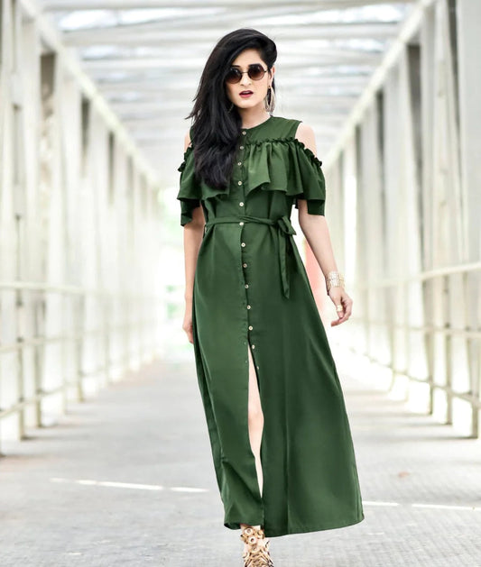 Ruffled Buttoned Cold Shoulder Maxi Dress Periwinkley Shop