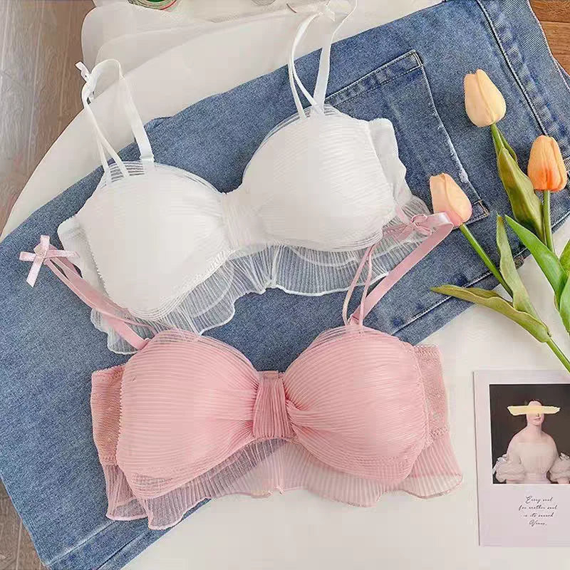 Japanese Lolita Bras for Girls, Wire-Free Bralette, Fold-Bow Periwinkley Shop