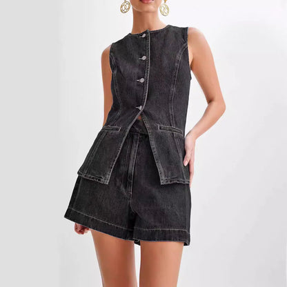Women's Denim Long Vest Tops Button-Up Back Slit Sleeveless Pocket Round Neck Waistcoat Periwinkley Shop