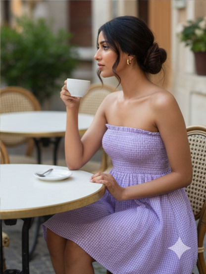 Lavender Check Off-Shoulder Mini Dress