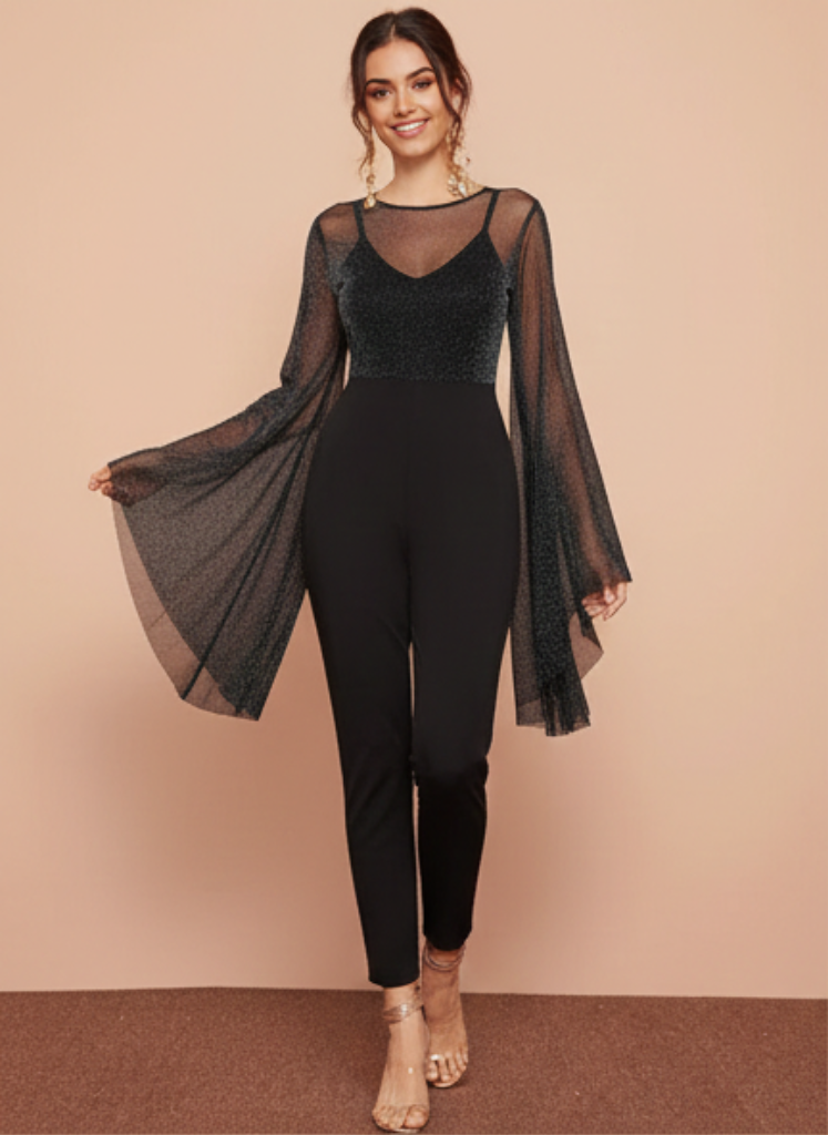 Flounce Sleeve Glitter Mesh Bodice Jumpsuit