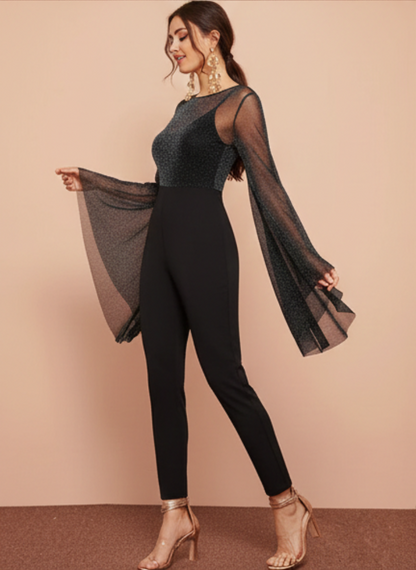 Flounce Sleeve Glitter Mesh Bodice Jumpsuit