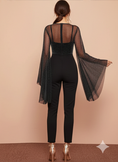 Flounce Sleeve Glitter Mesh Bodice Jumpsuit