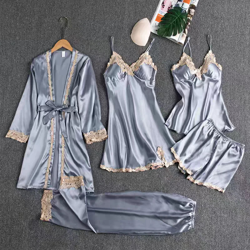 Emily Summer Pajama 5 Piece loungewear, Night suit Set -Grey Periwinkley Shop