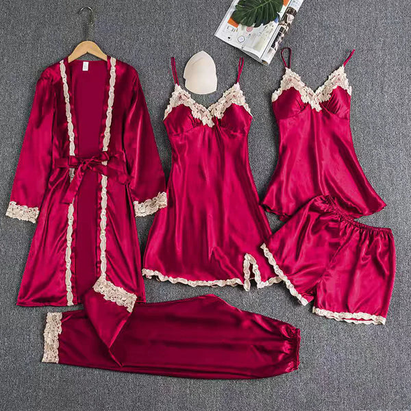 Emily Summer Pajama 5 Piece loungewear, Night suit Set -Burgundy Periwinkley Shop