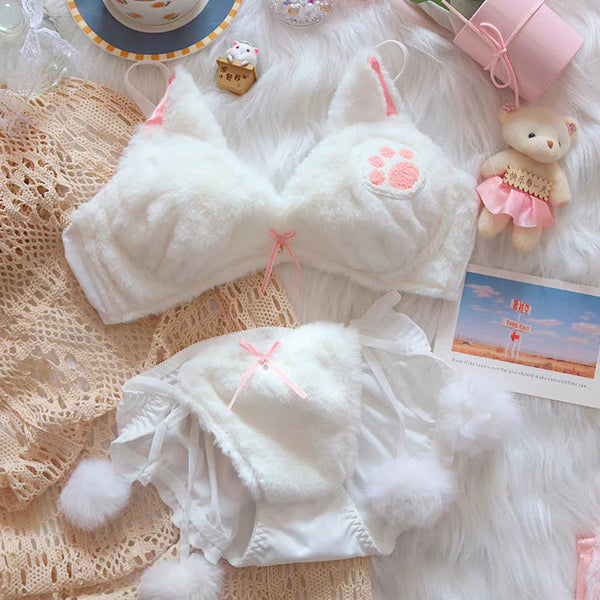 plush Cat Paw Lingerie Set - White Periwinkley Shop