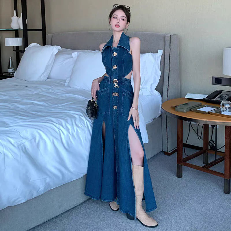 Laura Denim Slit Dress (No Belt) Periwinkley Shop