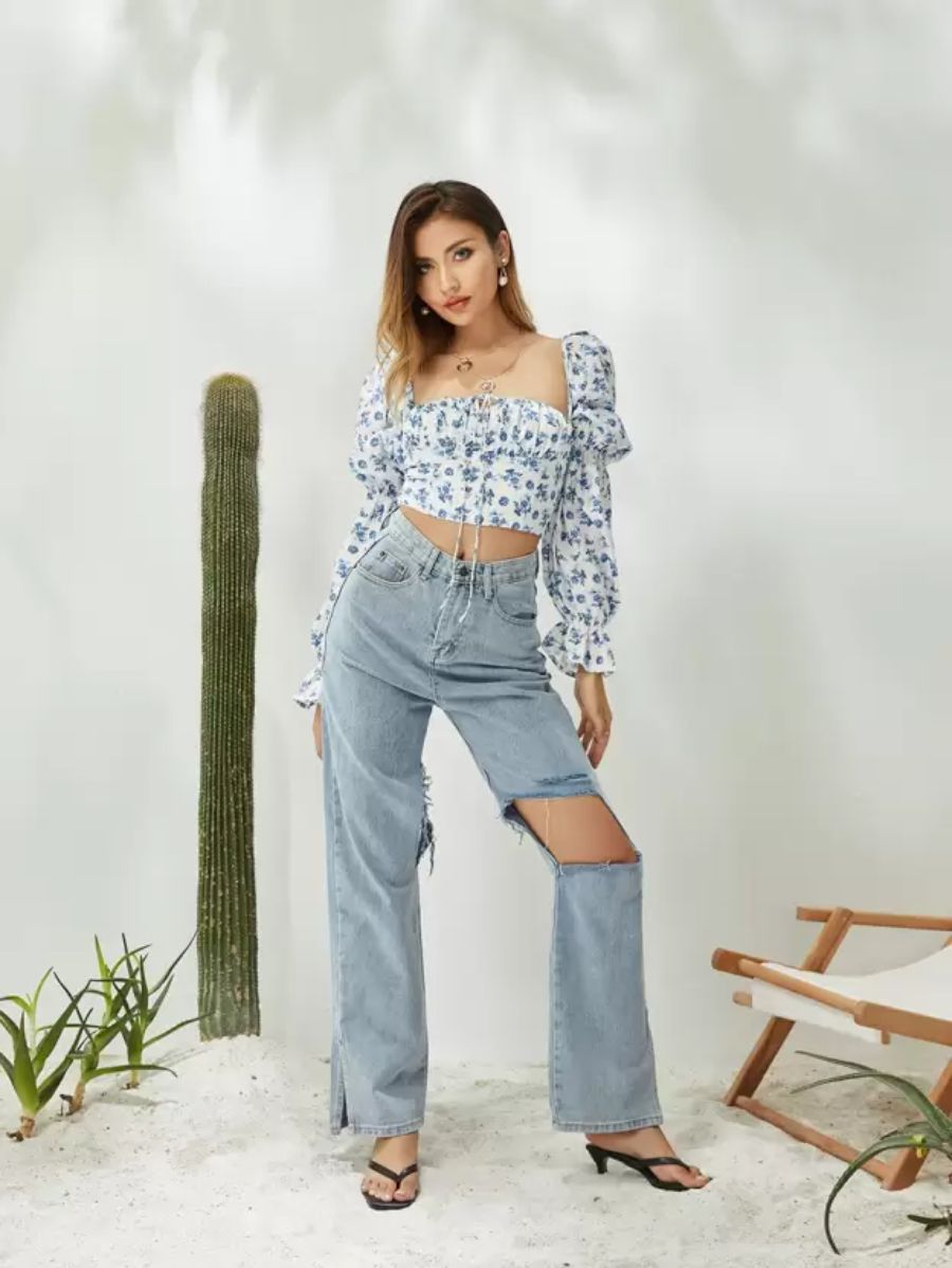 Blue Floral Print Tie Front Top Puff Sleeve Periwinkley Shop