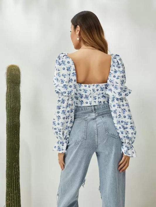 Blue Floral Print Tie Front Top Puff Sleeve Periwinkley Shop