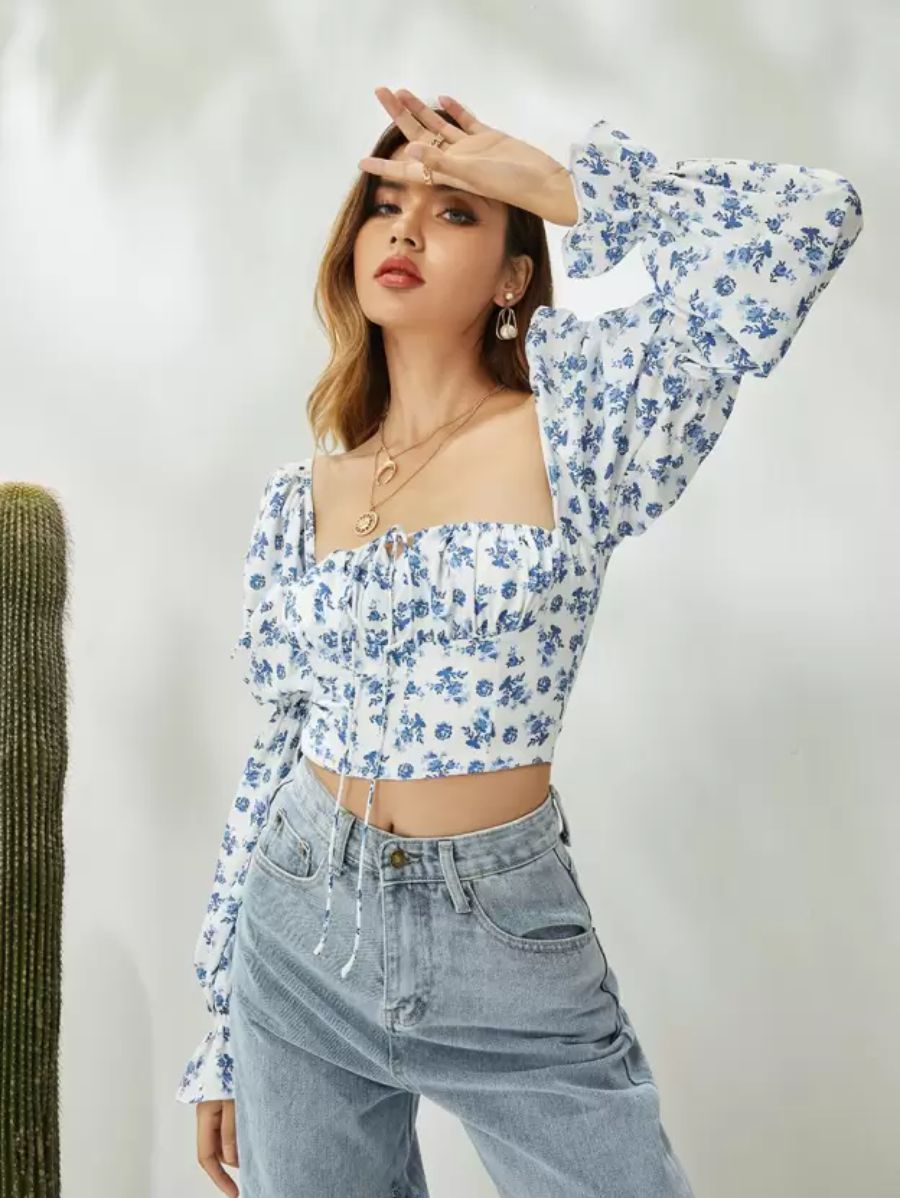 Blue Floral Print Tie Front Top Puff Sleeve Periwinkley Shop