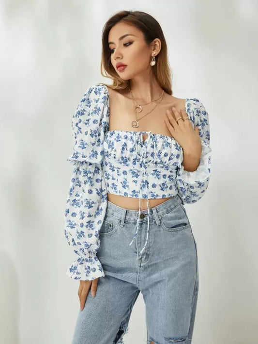Blue Floral Print Tie Front Top Puff Sleeve Periwinkley Shop