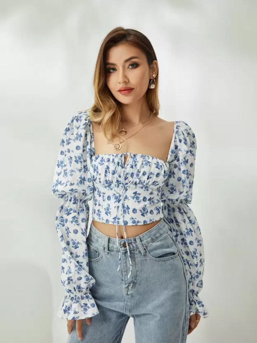 Blue Floral Print Tie Front Top Puff Sleeve Periwinkley Shop