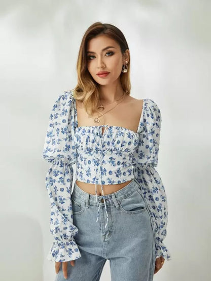 Blue Floral Print Tie Front Top Puff Sleeve Periwinkley Shop