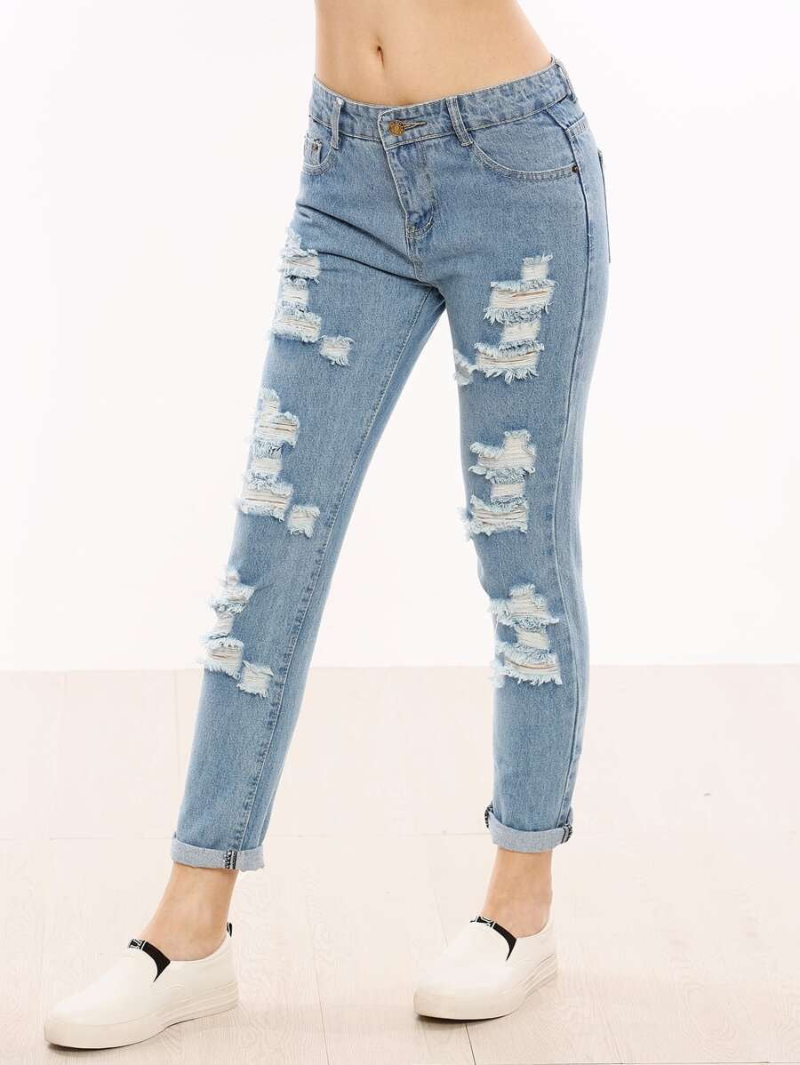 Blue Ripped Cuffed Jeans - Periwinkley Shop