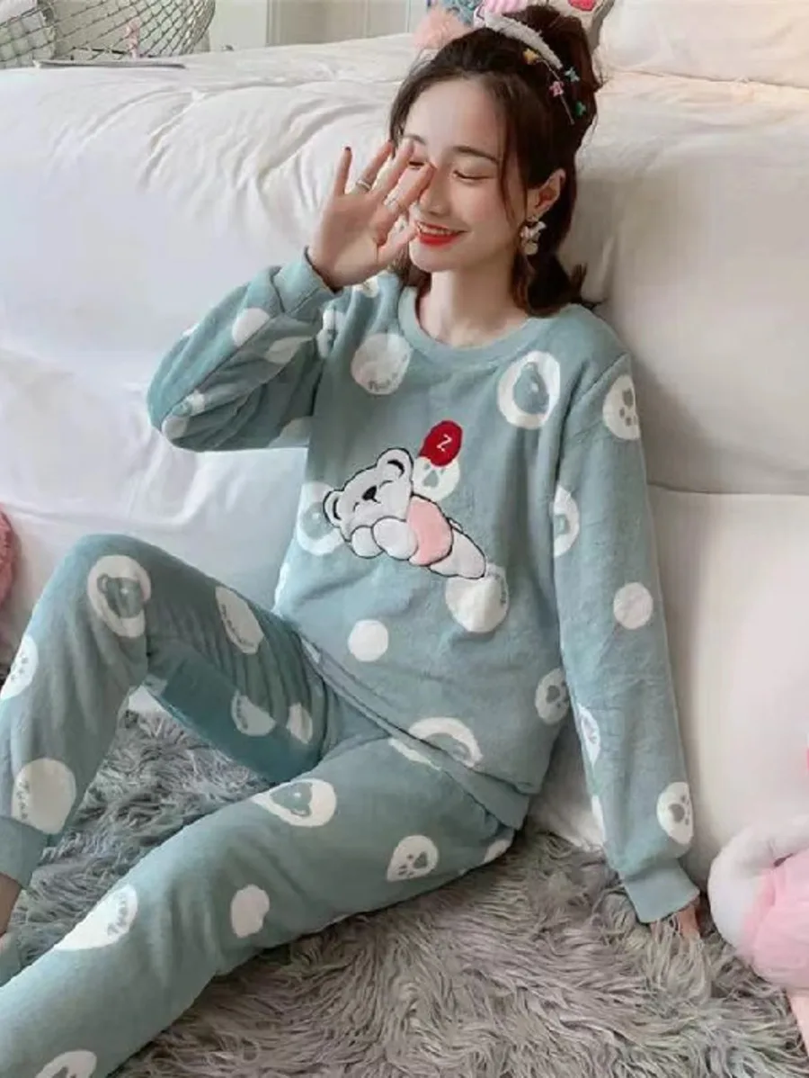 Winter warm flannel women pajamas sets plush velvet long sleeve sleepwear  nightwear coral fleece girls homewear