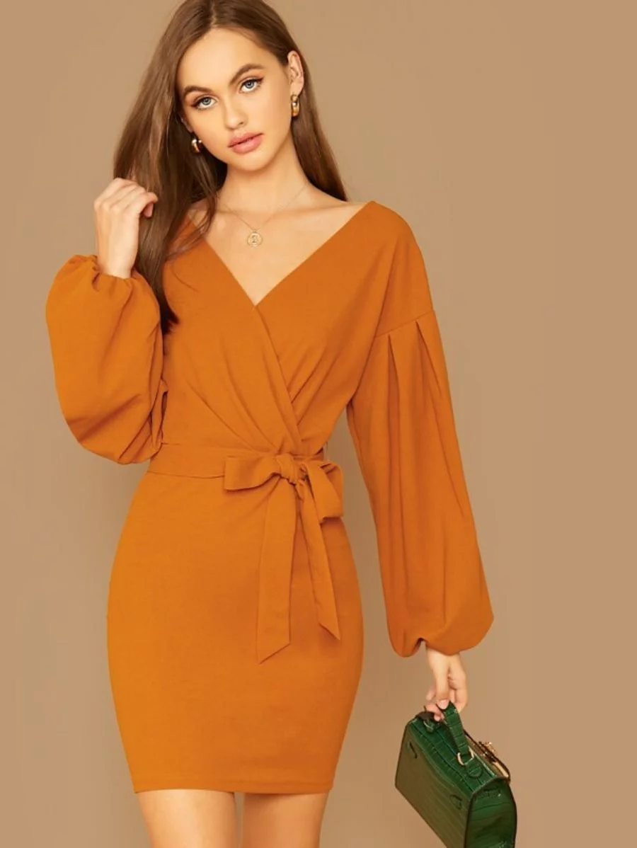 Surplice Neck Lantern Sleeve Dress