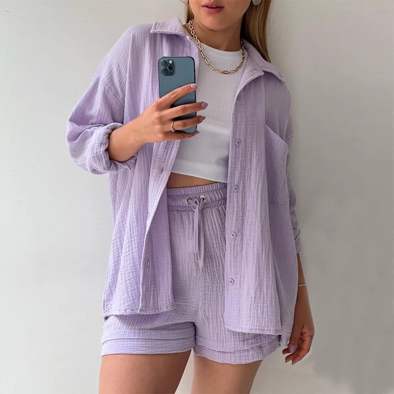 2 Piece Casual Turn-Down Collar Top with Shorts Gauze Cardigan- Purple